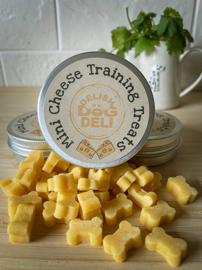 Mini cheese dog treats in pocket sized tin – high value training rewards for dogs