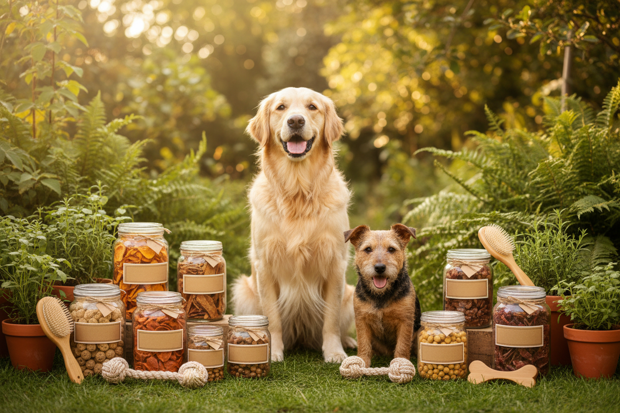 Two dogs sitting among jars of pet food and treats in a garden setting.